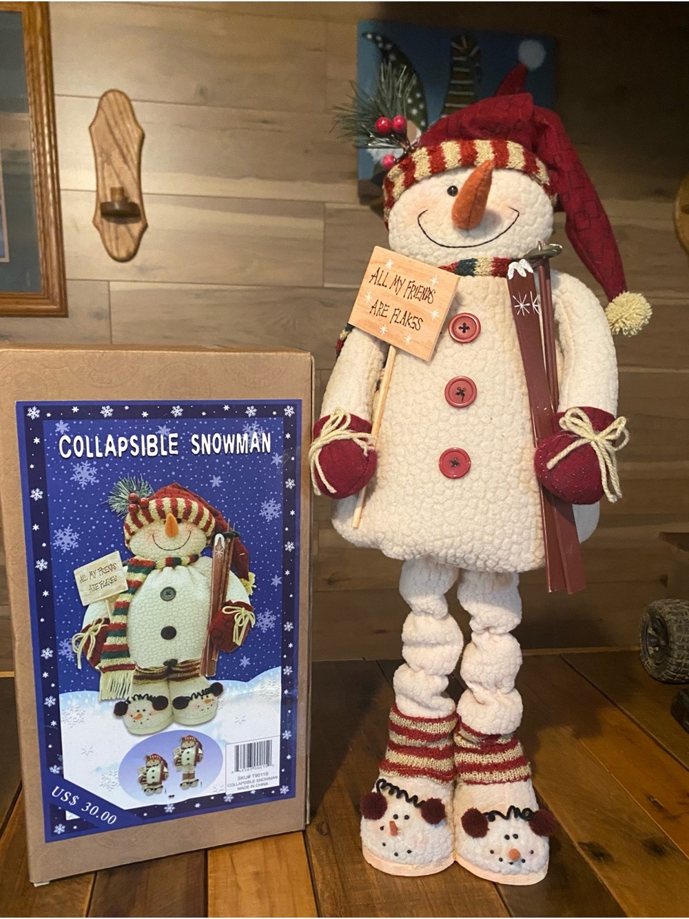 Collapsible Snowman Holiday Figure in Cream and Red - My Friends are Flakes.